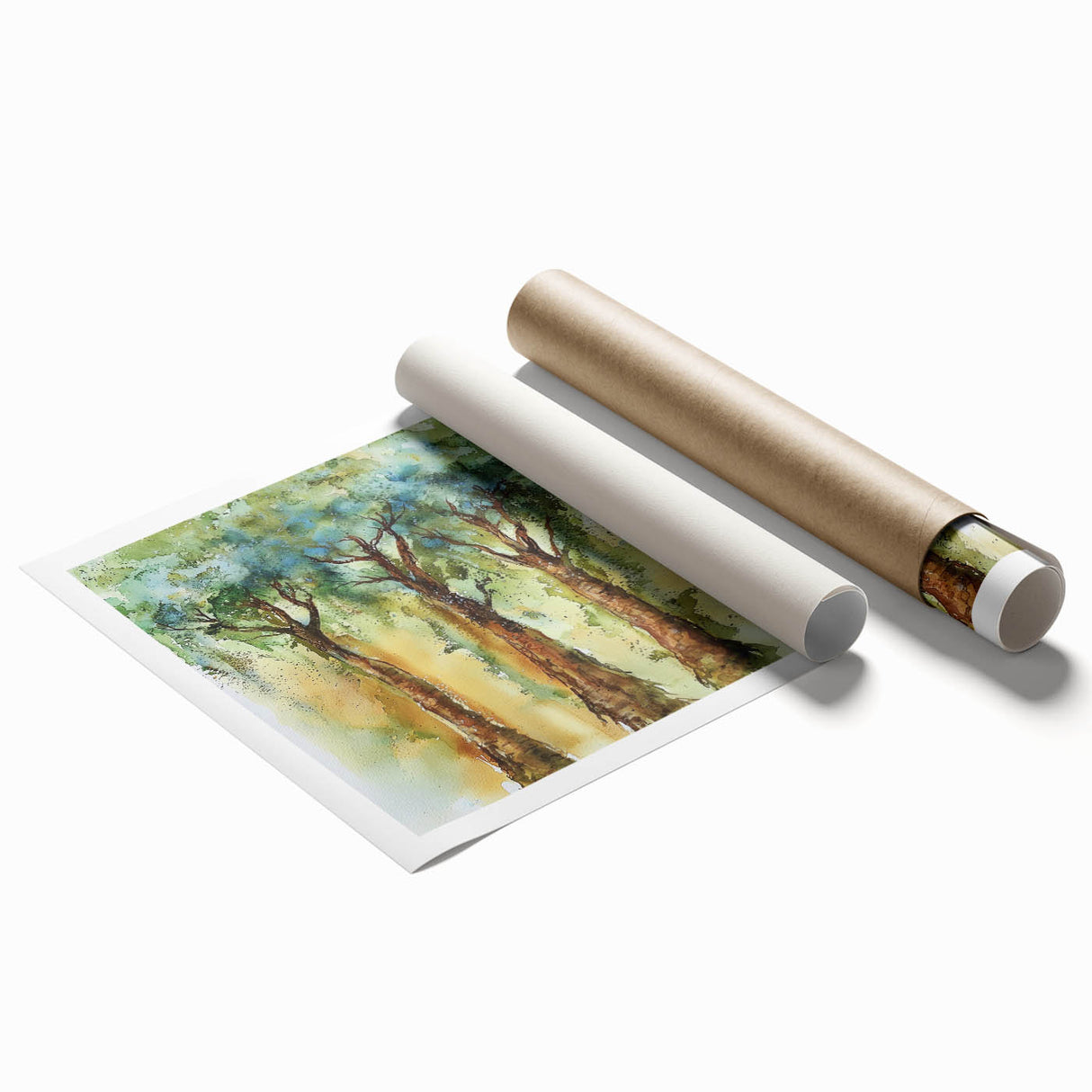 Vibrant abstract floral rolled print showcasing intricate details in soft pinks and greens, elegantly packaged in a protective cardboard tube for easy display.