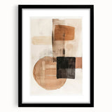 Abstract minimalist wall art design in a black frame with a white mat, showcasing geometric patterns and soft color tones, perfect for modern home decor.