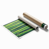 Abstract floral design rolled print featuring vibrant hues of pink, blue, and green, elegantly packaged in a protective cardboard tube, ideal for modern decor.