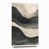 Abstract minimalist wall art displayed in a side view, showcasing vibrant colors and geometric shapes, mounted with pins on a sleek acrylic glass surface.