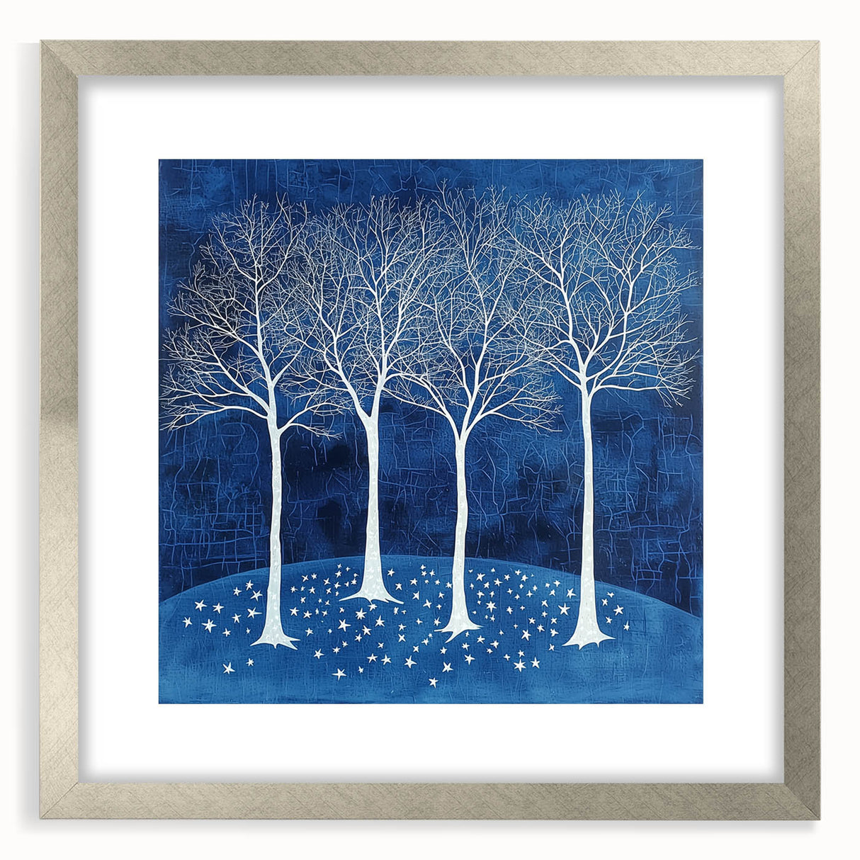 Abstract floral frame with a silver mat, showcasing vibrant colors and intricate designs, perfect for enhancing modern home decor and adding elegance to any space.