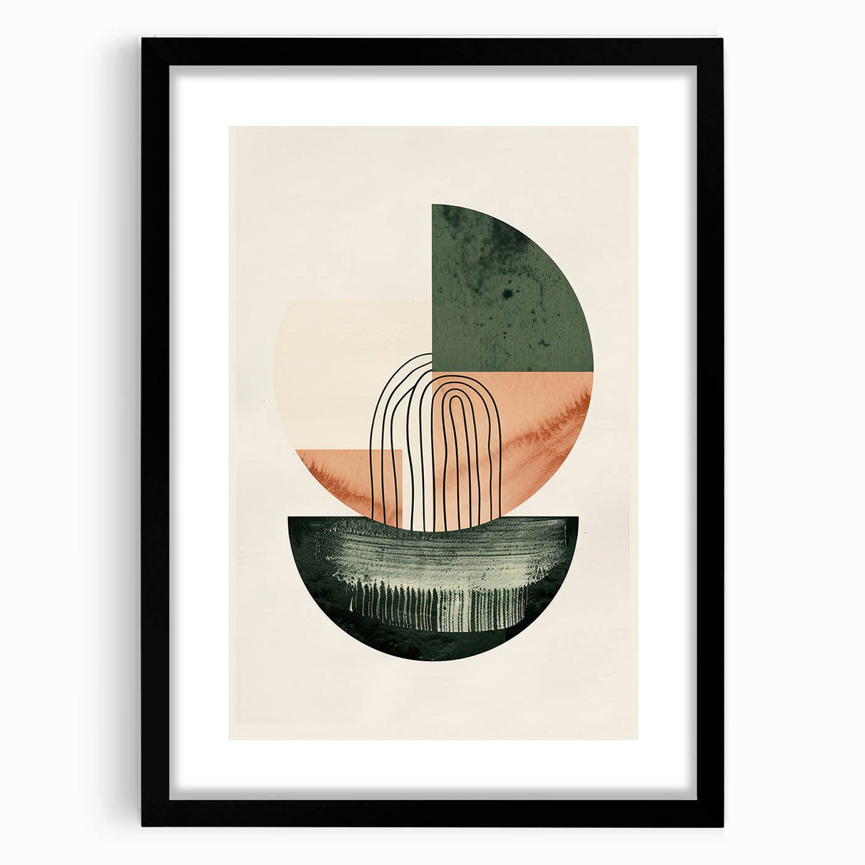 Abstract minimalist wall art framed in black with a white mat, showcasing geometric shapes and soft colors, ideal for modern home decor.