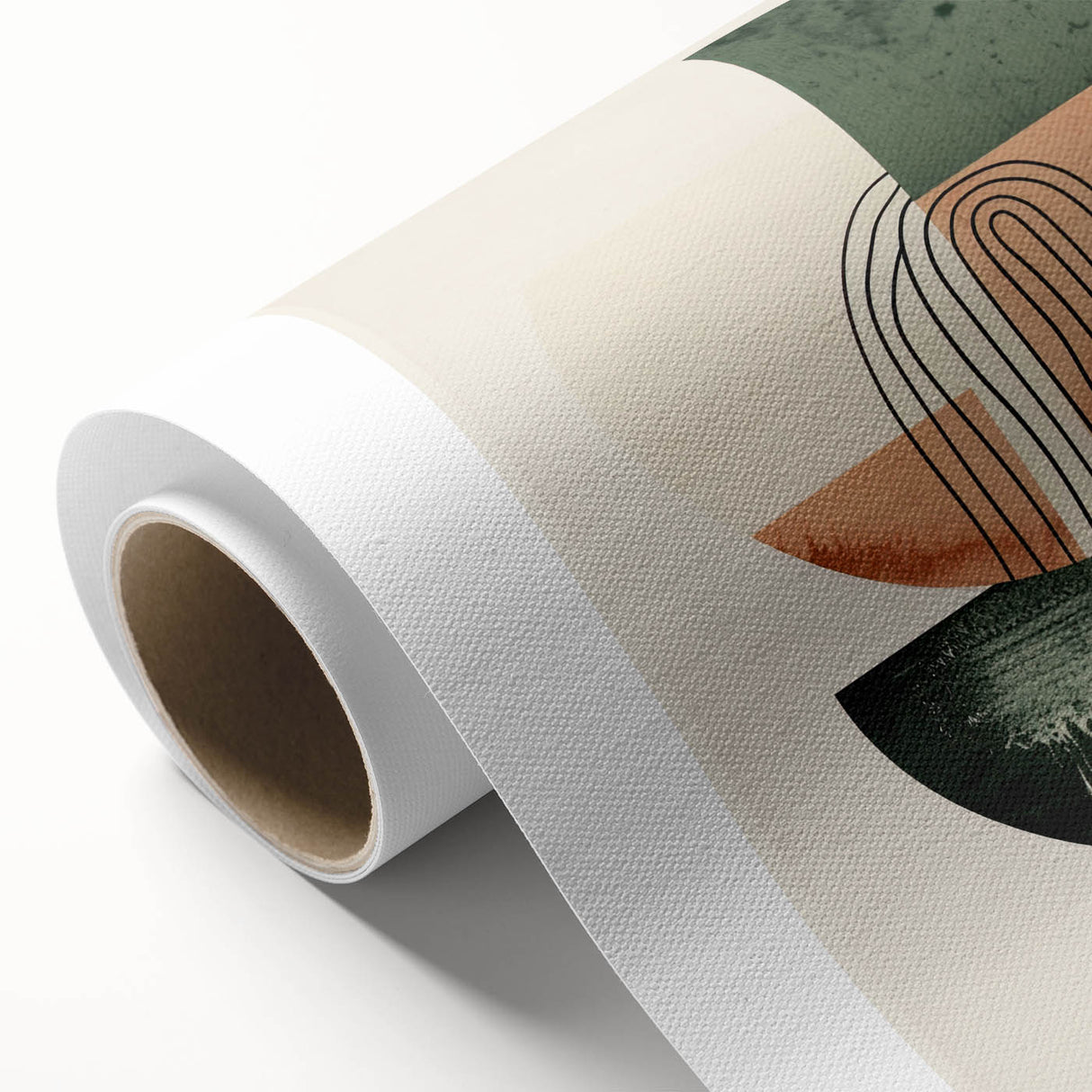Abstract minimalist wall art on rolled canvas showcasing soft pastel colors and geometric shapes, ideal for modern home decor, packaged securely in a cardboard tube.