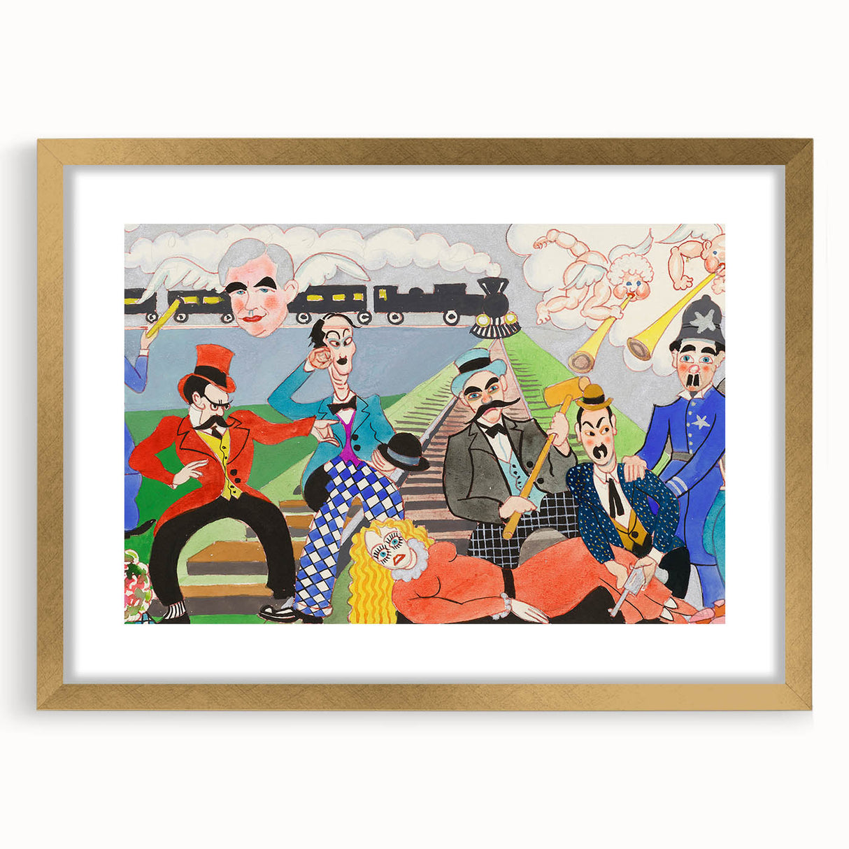 Playful Chaos: Modern Wall Art Featuring Keystone Cops and Colorful Drama