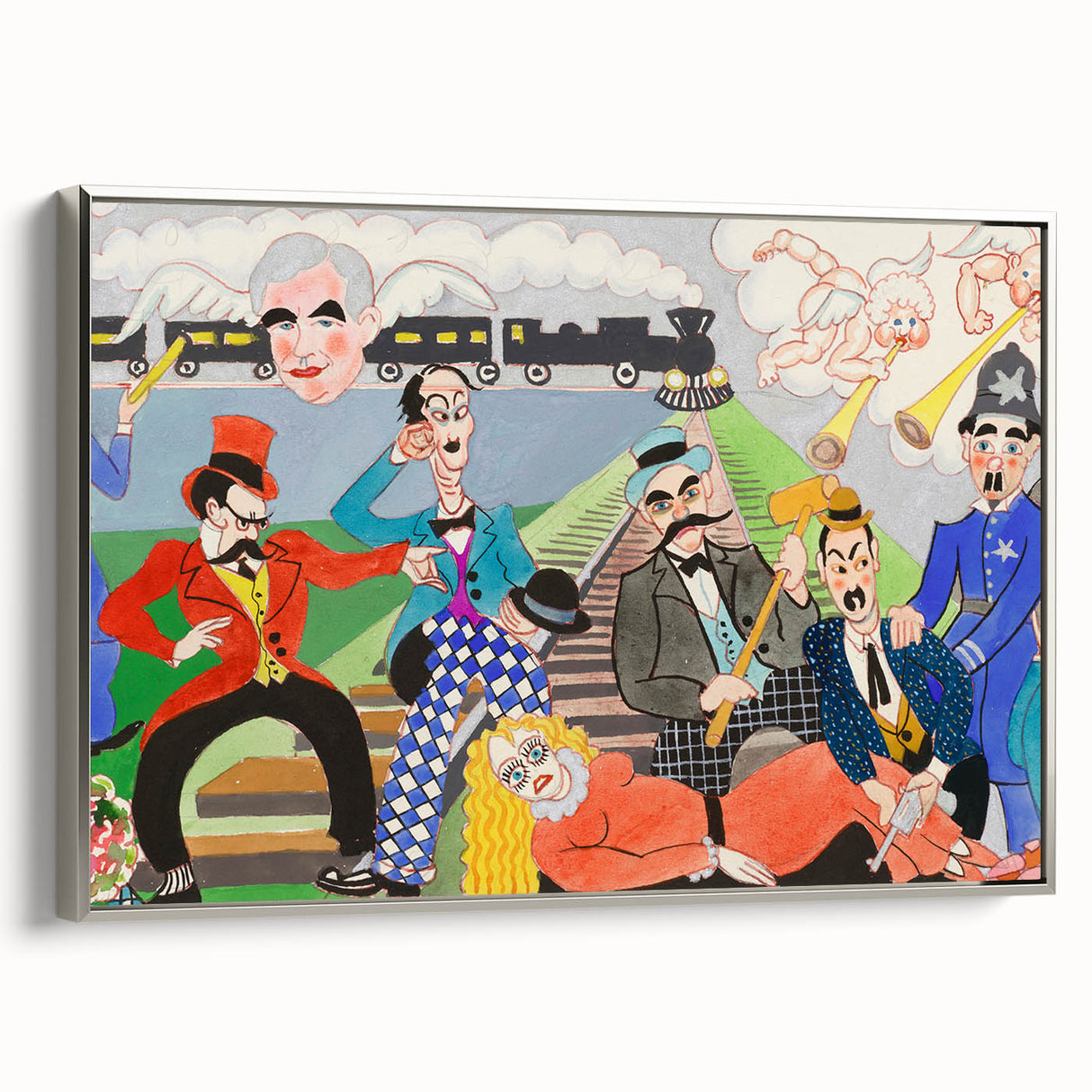 Playful Chaos: Modern Wall Art Featuring Keystone Cops and Colorful Drama
