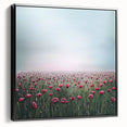 Framed canvas displaying an abstract floral design with vibrant colors, presented in a sleek black frame, ideal for modern home decor and artistic interiors.