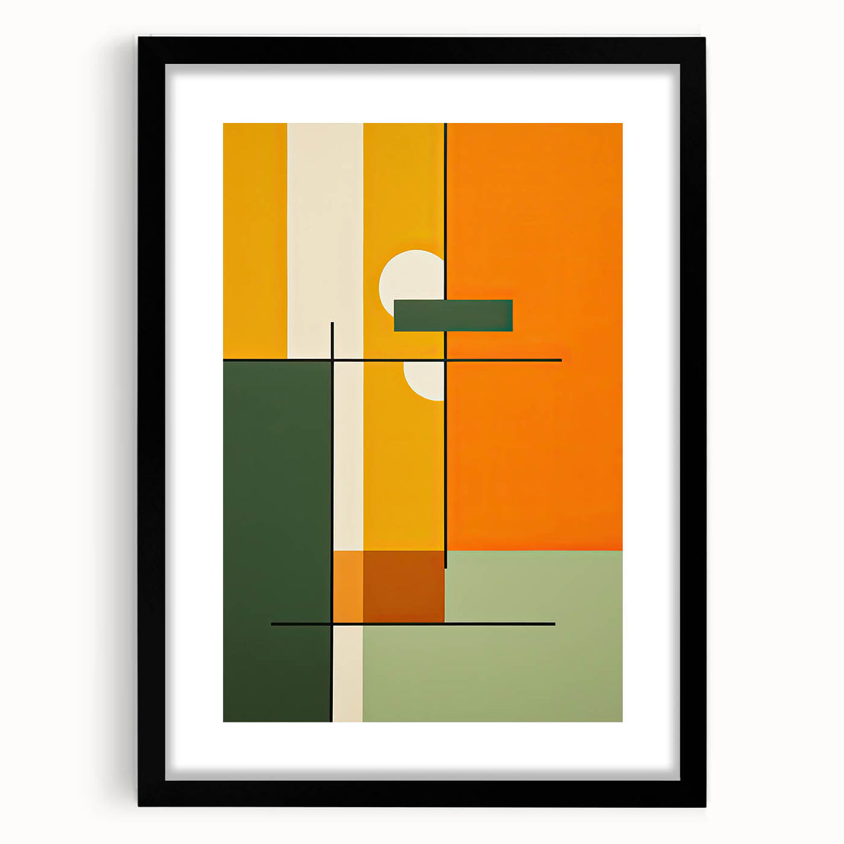 Abstract minimalist wall art design featuring a sleek black frame and mat, showcasing geometric shapes and soft color tones, ideal for modern decor.