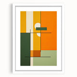 Abstract minimalist wall art framed with a white mat, showcasing geometric shapes in muted tones, perfect for modern decor and enhancing interior spaces.