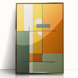 Framed abstract minimalist wall art featuring gold accents on a sleek acrylic background, perfect for modern home decor, enhancing elegance in any room.