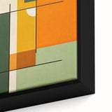 Close-up of an abstract minimalist wall art design featuring soft pastel colors and geometric shapes, framed in a sleek black frame, perfect for modern home decor.