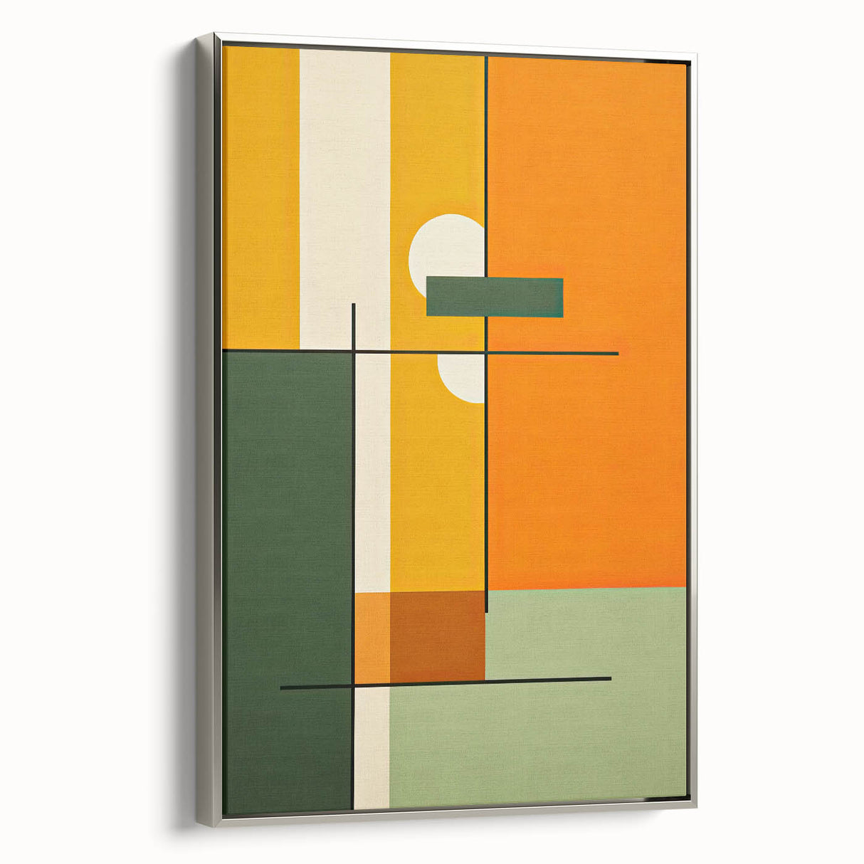 Framed abstract minimalist wall art featuring a silver color scheme, showcasing geometric shapes and sleek lines, perfect for modern home decor.