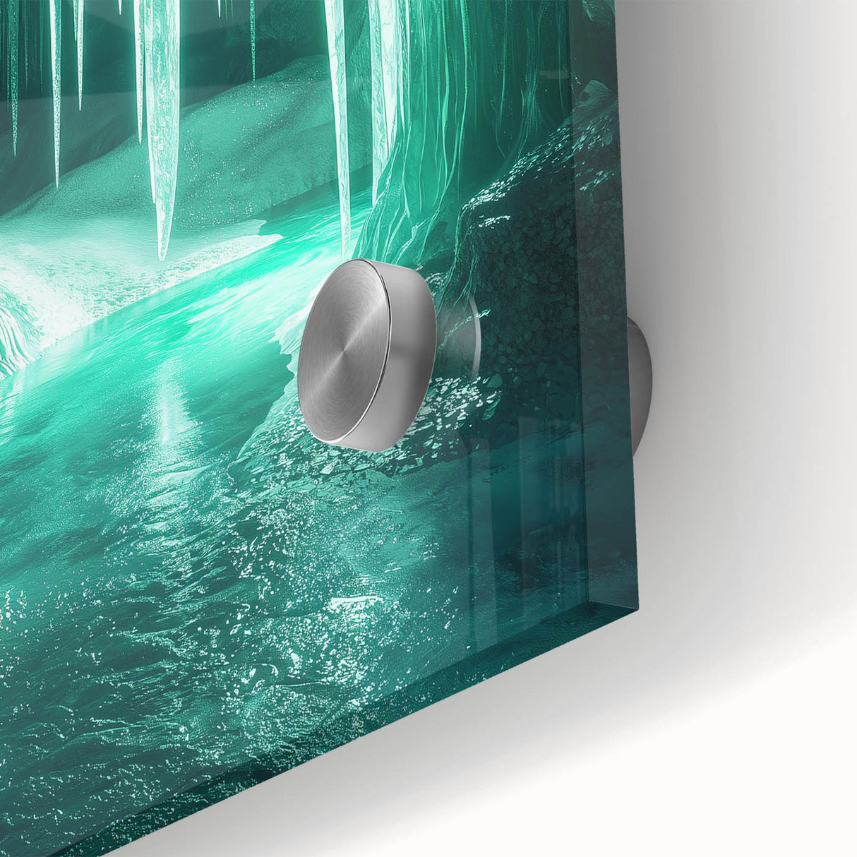 Close-up of a vibrant acrylic landscape artwork depicting intricate cave formations, showcasing rich colors and textures, ideal for modern home decor.