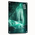 Stunning acrylic landscape artwork showcasing intricate cave formations in vibrant colors, displayed from a side view with elegant pin detailing for a modern touch.