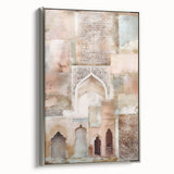 Framed canvas wall art showcasing modern abstract architecture design in silver hues, perfect for contemporary home decor. Side view highlights sleek frame and artistic details.
