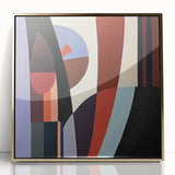 Abstract geometric design framed in gold acrylic, showcasing intricate patterns and vibrant colors, perfect for modern home decor and art enthusiasts.