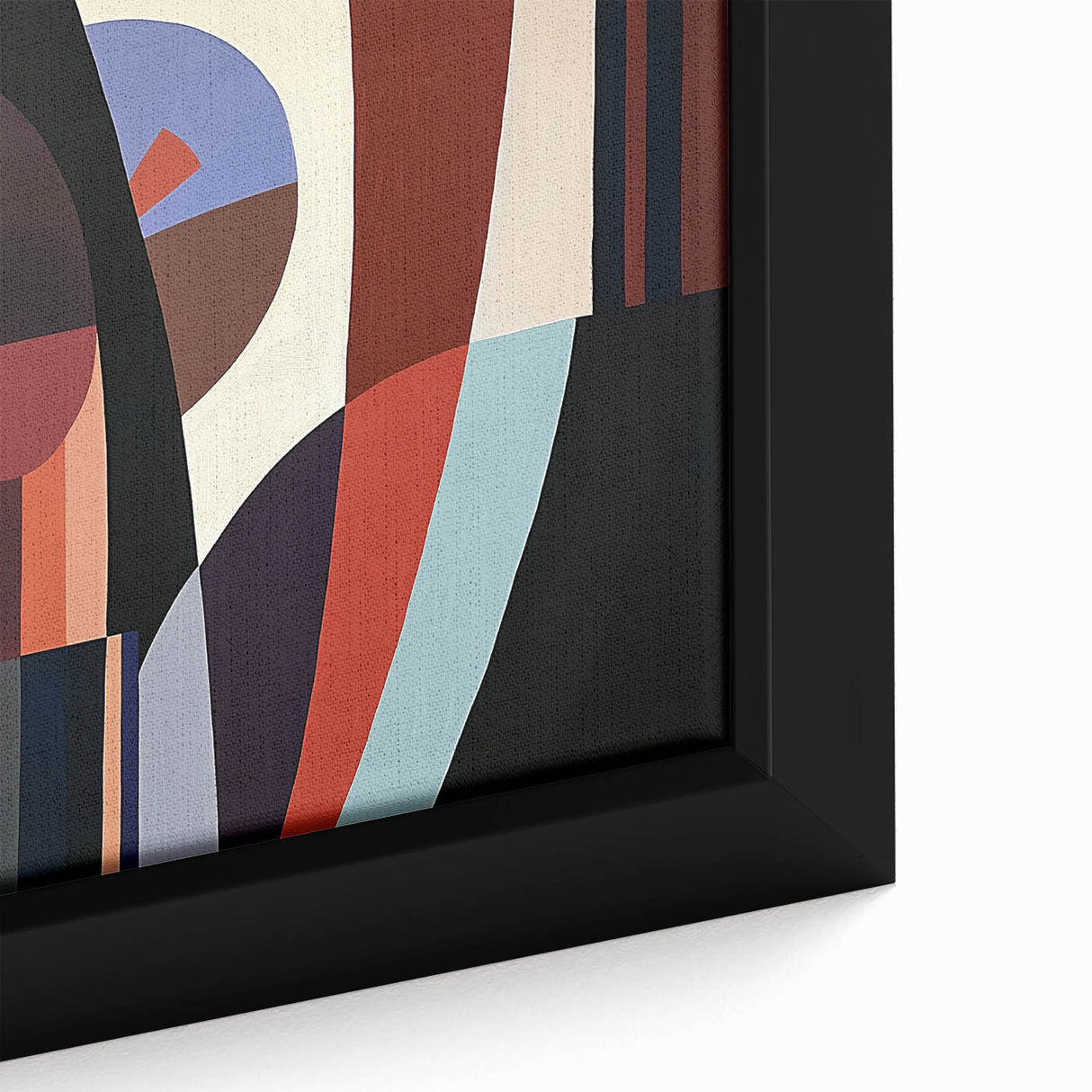 Close-up of a modern abstract geometric framed canvas artwork showcasing vibrant colors and intricate patterns, ideal for contemporary home decor. The piece adds a stylish touch to any living space or office setting.
