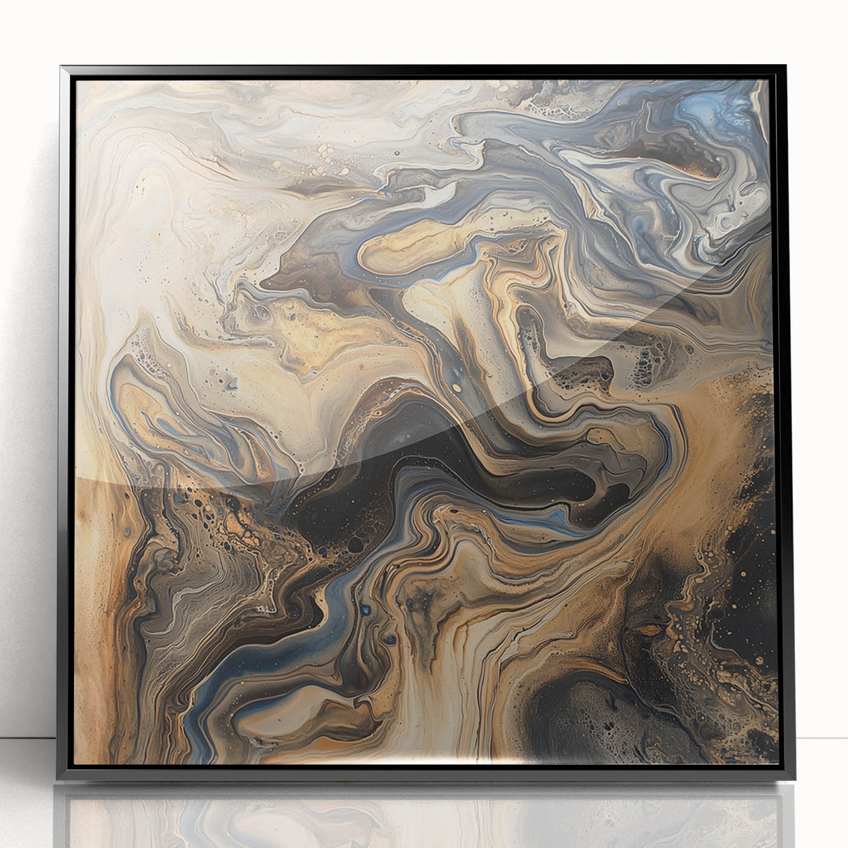 Framed acrylic artwork showcasing an abstract design with colorful splatters on a black background, ideal for modern home decor and artistic interiors.