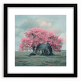 Extra large abstract art print of colorful, textured cottages on a black framed canvas, ideal for living room decor.