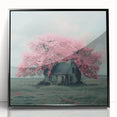 Large abstract wall art depicting geometric cottages in muted earth tones on a framed acrylic.