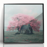 Large abstract wall art depicting geometric cottages in muted earth tones on a framed acrylic.