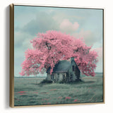 Framed canvas depicting a vintage-style landscape with cottages in silver and gold tones, suitable for bedroom wall art.