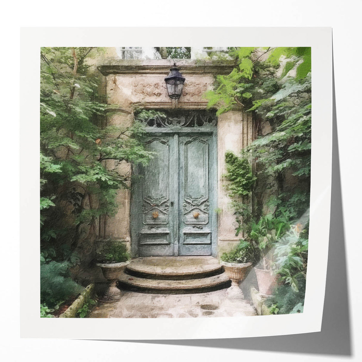 Extra large wall art featuring an intricate floral design on a French door, printed on glossy photo paper.