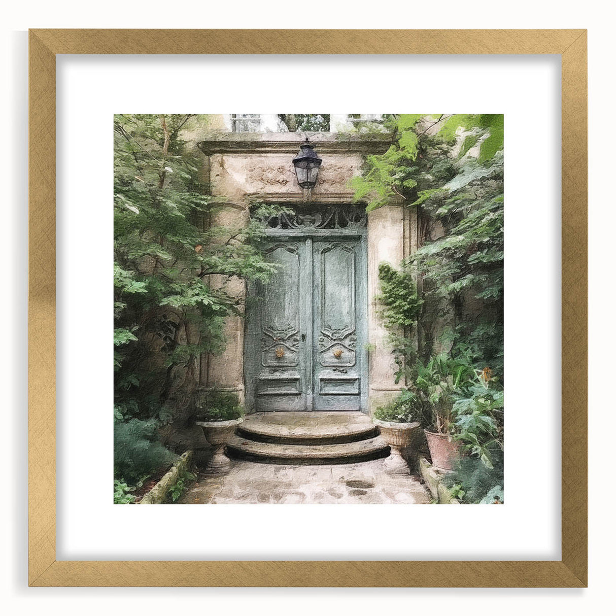 Extra large abstract art print featuring textured French door design in muted gold tones on a framed canvas.