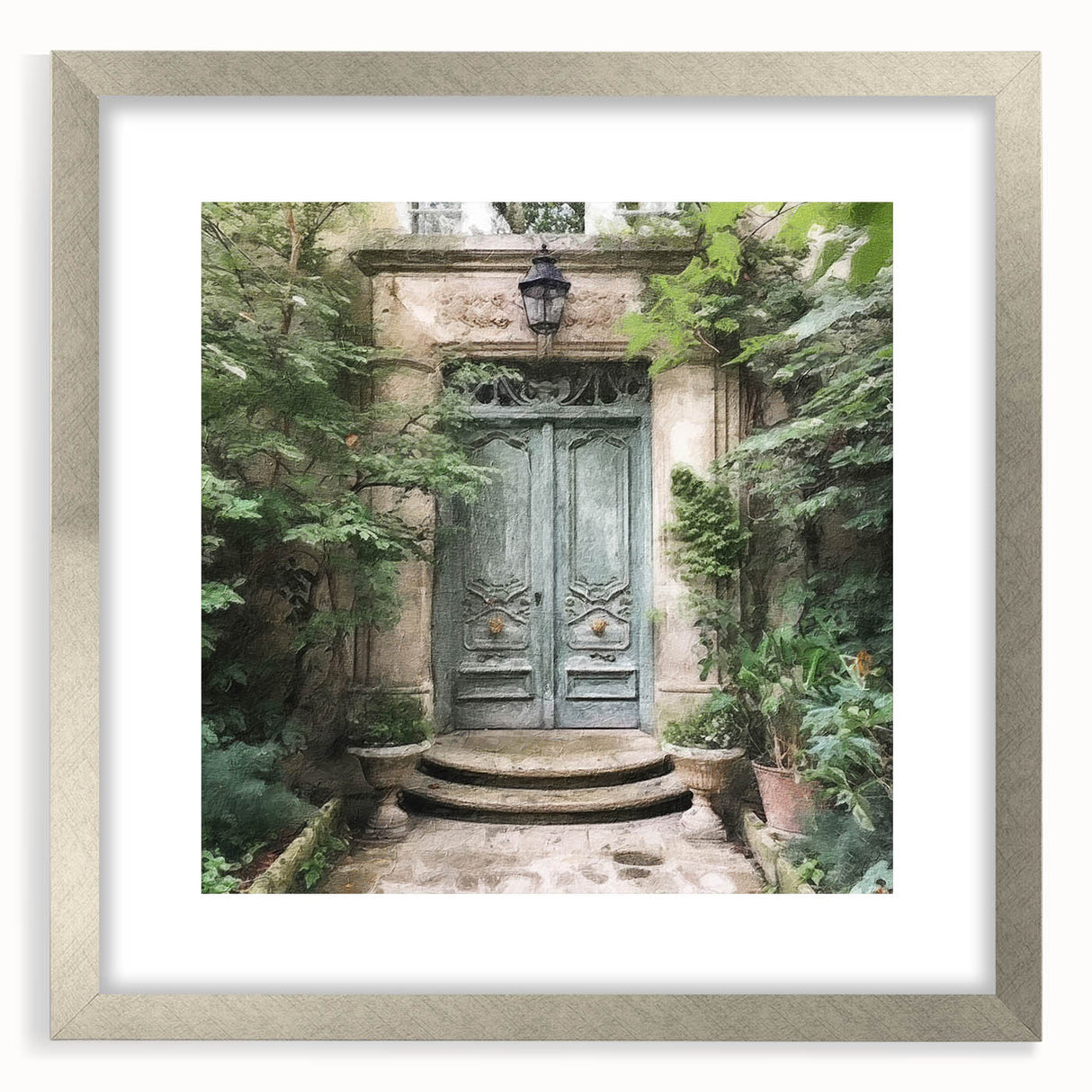 Textured abstract art print featuring a French door design in silver frame, suitable for bedroom decor.