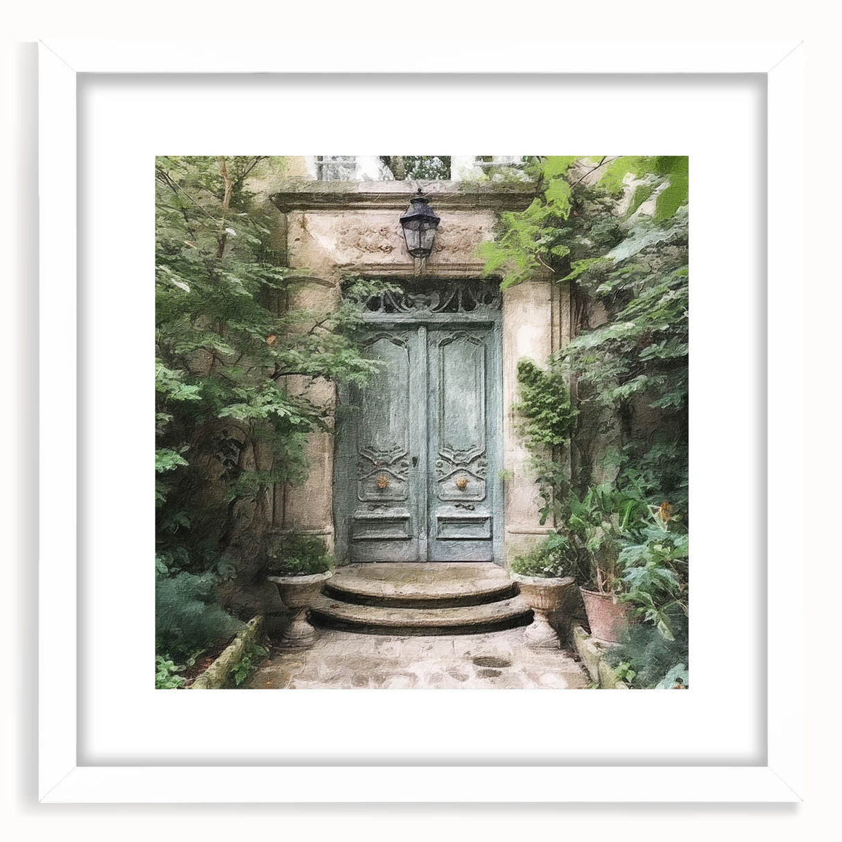 Abstract art print of a French door architecture in black and white, framed with a white mat, ideal for dining room decor.