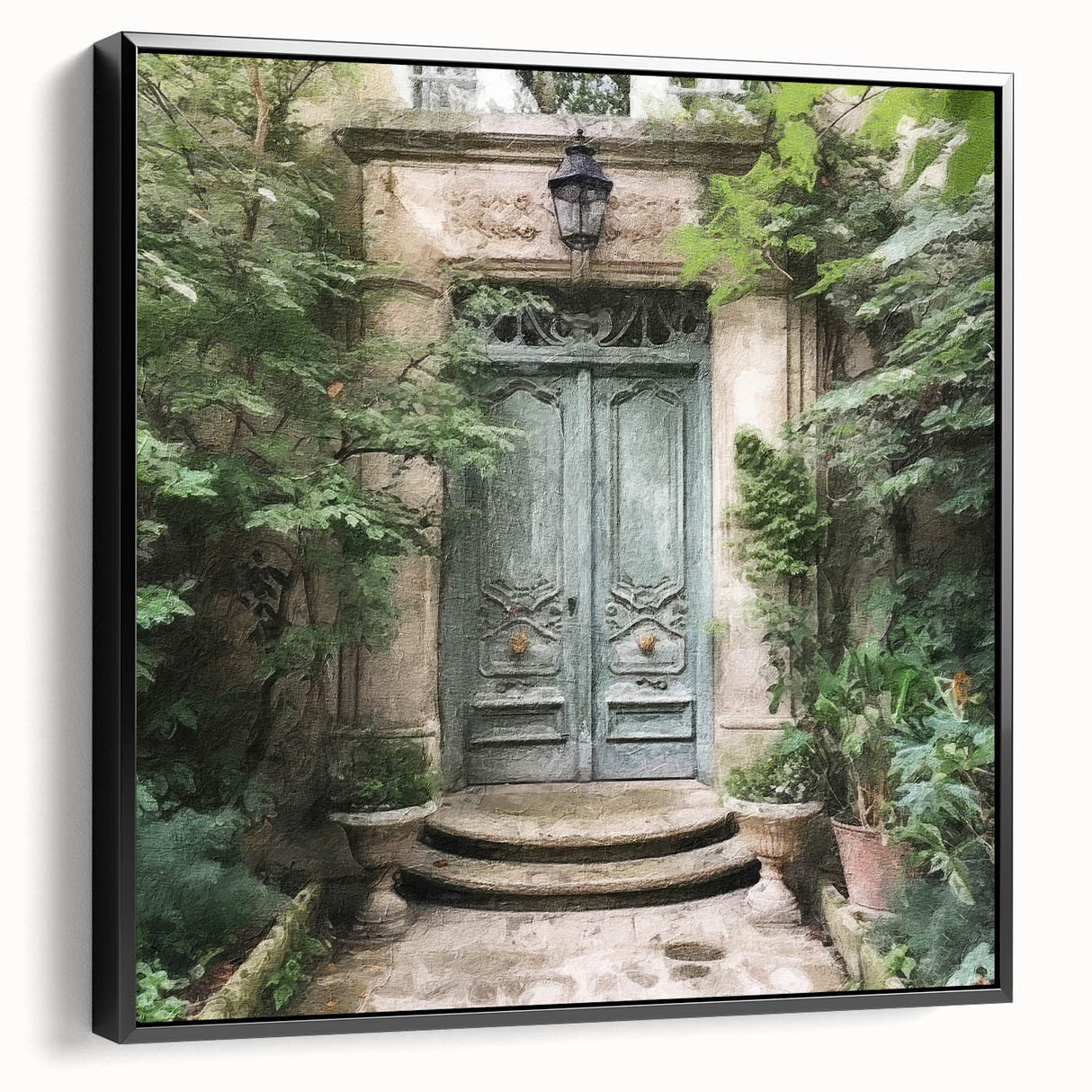 Black and white photo of a vintage French door on framed canvas, ideal for bedroom wall decor.