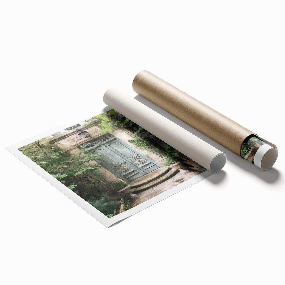 Extra large rolled print featuring a detailed floral design on a French door, in muted earth tones.
