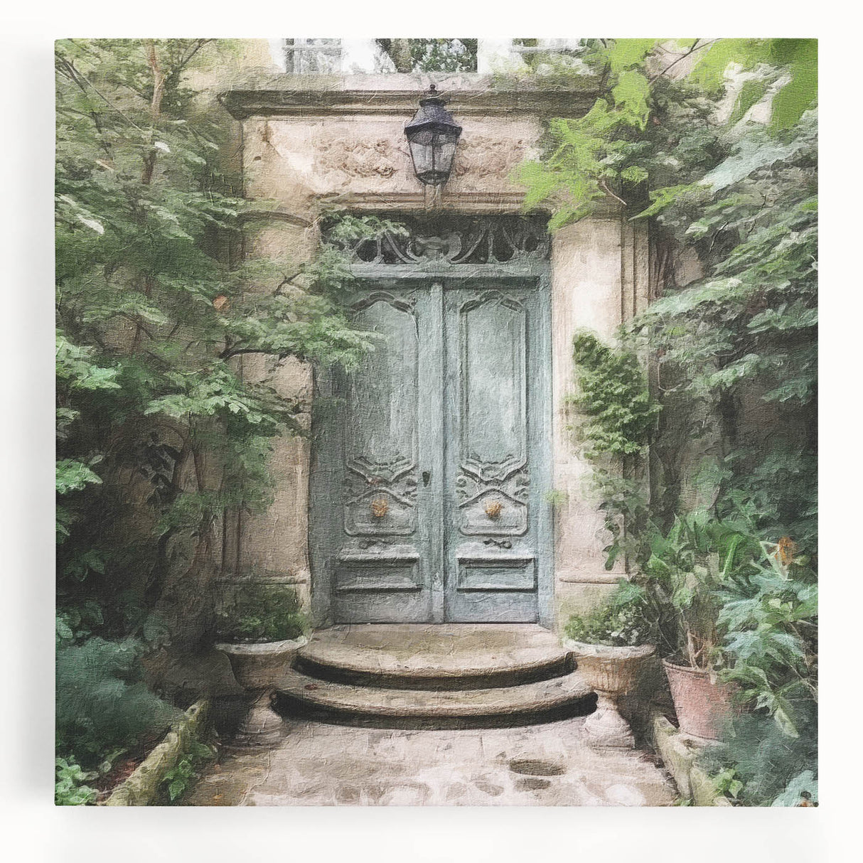 Large black and white photo of a French door design on stretched canvas, ideal for kitchen wall art.
