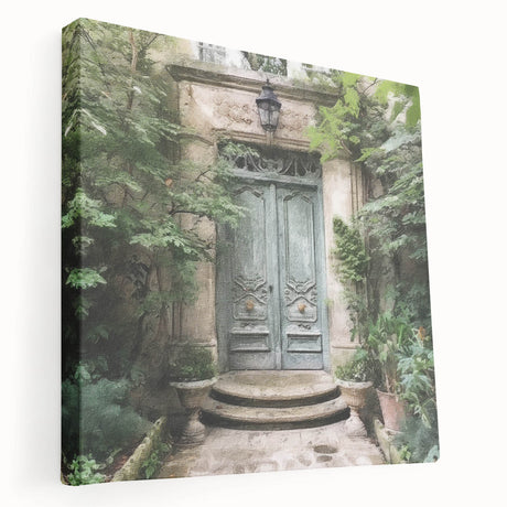 Side view of a large French door architecture print on stretched canvas, in neutral tones, suitable for kitchen wall art.