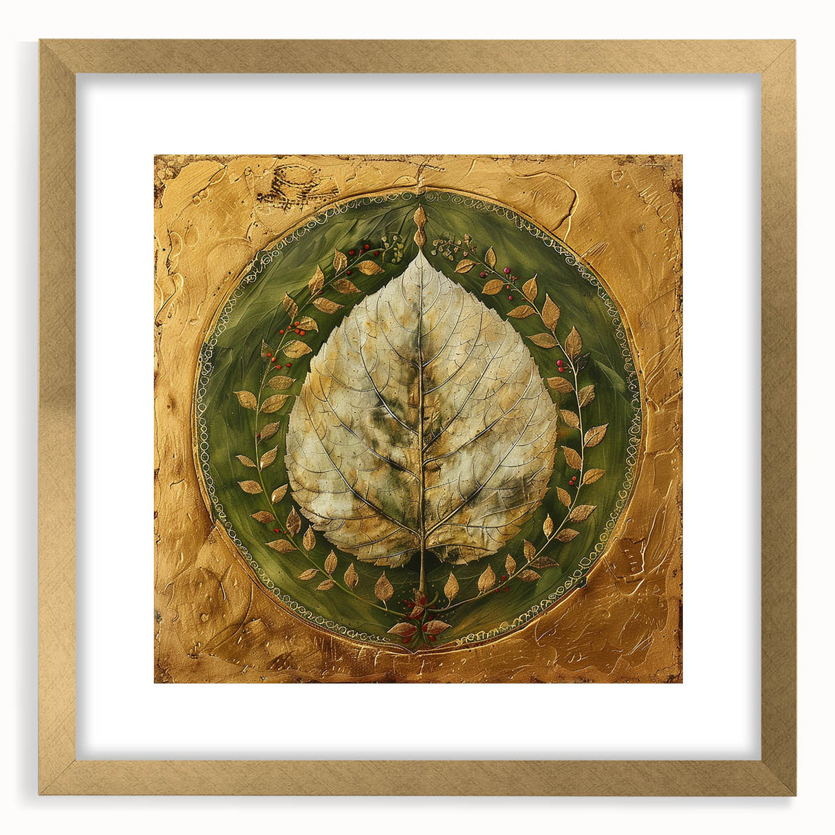 Framed wall art featuring a botanical design with vibrant flowers and leaves, set in a gold frame with a white mat, ideal for home decor accent.