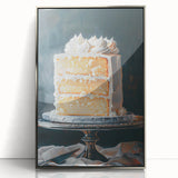 Mid-century modernist art featuring assorted pastries in soft pastel colors, presented in a silver-framed acrylic print.
