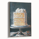 Framed canvas depicting a colorful array of pastries in a vintage poster style, ideal for kitchen decor.