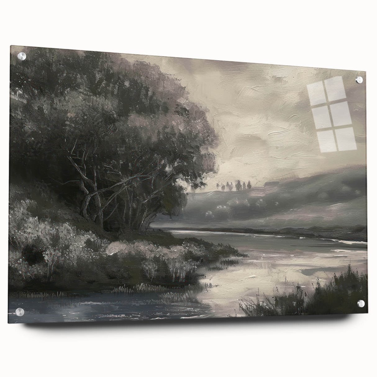 Acrylic glass artwork showcasing a vibrant landscape design, displayed from the side with stylish pins, perfect for modern home decor or gallery settings.