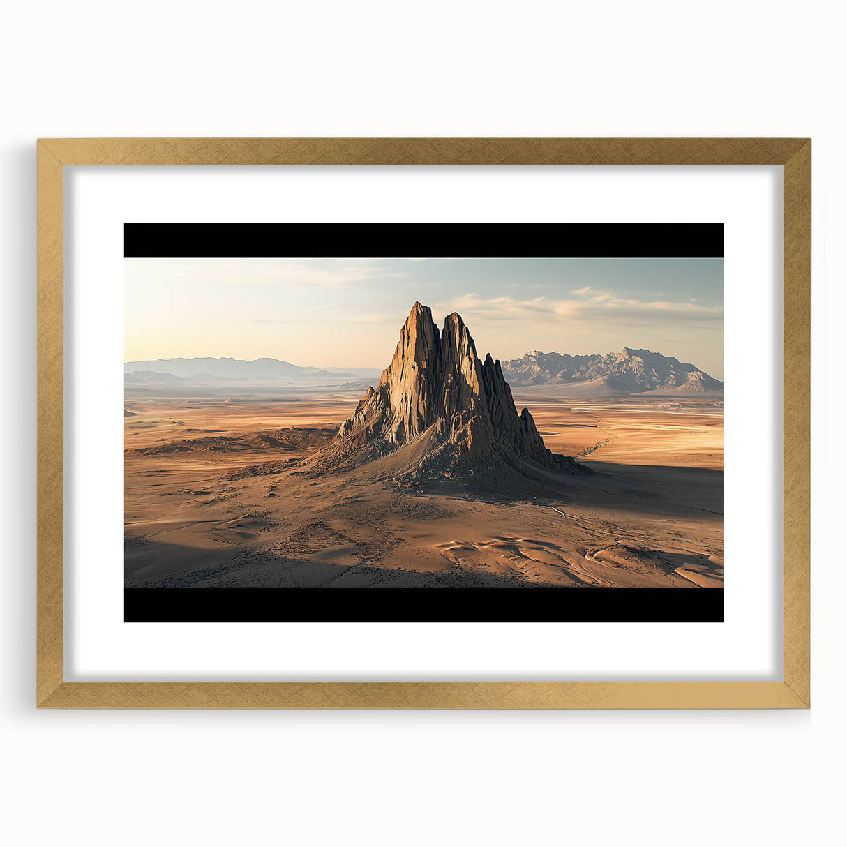 Desert landscape framed art print with a gold mat, showcasing warm hues of orange and brown, ideal for modern home decor and wall styling.