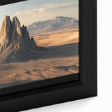 Close-up of a beautifully framed canvas artwork depicting a vibrant desert landscape with warm earth tones, showcasing intricate details and textures. Ideal for modern home decor.
