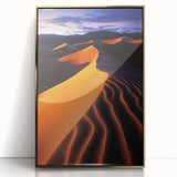 Framed acrylic artwork showcasing a serene desert landscape with golden dunes, elegantly presented from a front view, ideal for modern home decor.