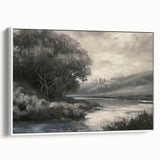 Framed canvas artwork showcasing a vibrant landscape scene in rich colors, displayed with a sleek white frame from a side view, perfect for home decor.