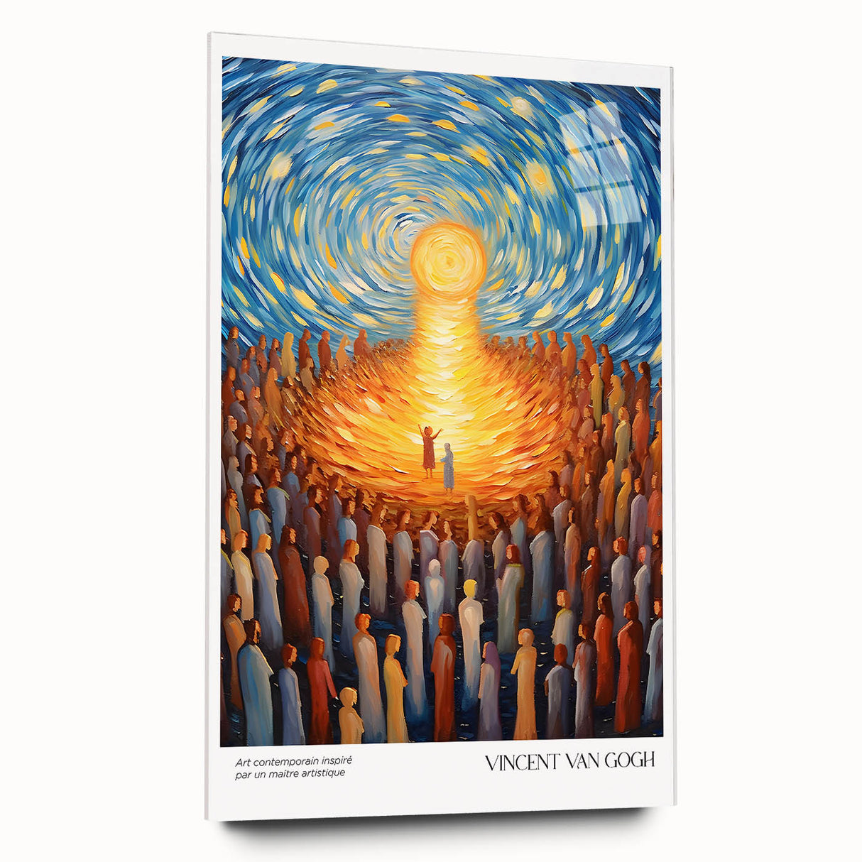 Large abstract wall art on acrylic glass depicting an impressionist style, using vibrant blue and yellow tones.