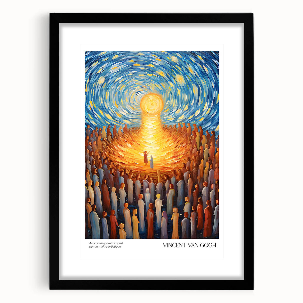 Extra large abstract art print of colorful, textured impression reminiscent of Van Gogh, in a black frame with mat.
