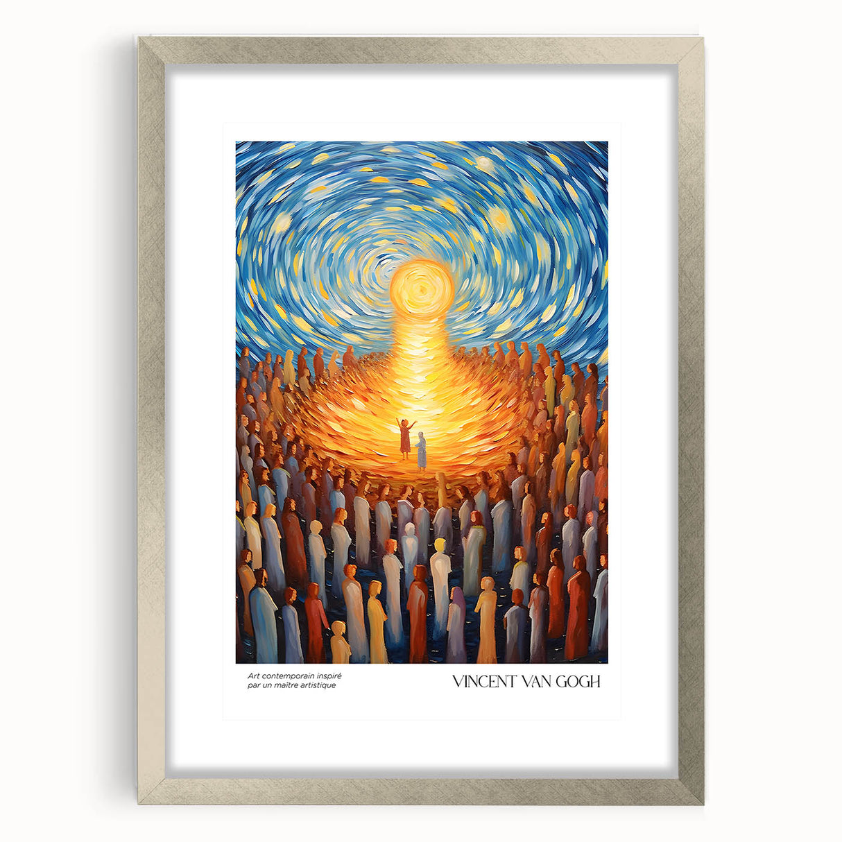 Textured abstract art print depicting a swirling sky in blue and yellow tones on a framed canvas, ideal for bedroom art.