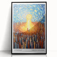 Large abstract wall art featuring swirling blue and yellow patterns, framed in black acrylic.