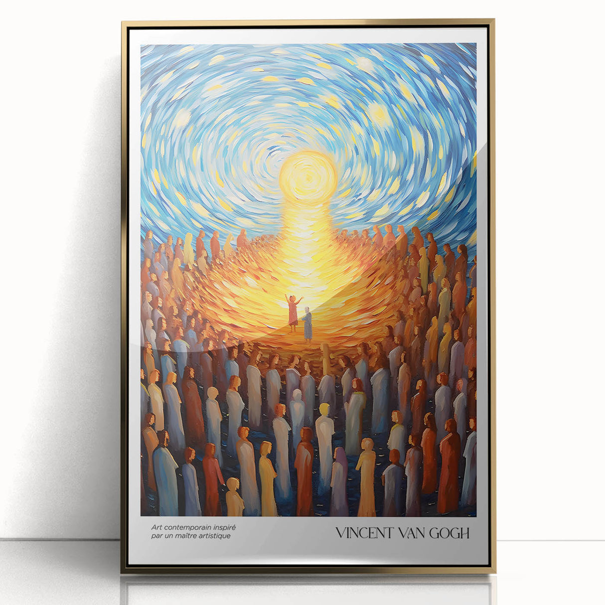 Large art print of Van Gogh's impressionist style on framed acrylic, featuring gold and blue tones.