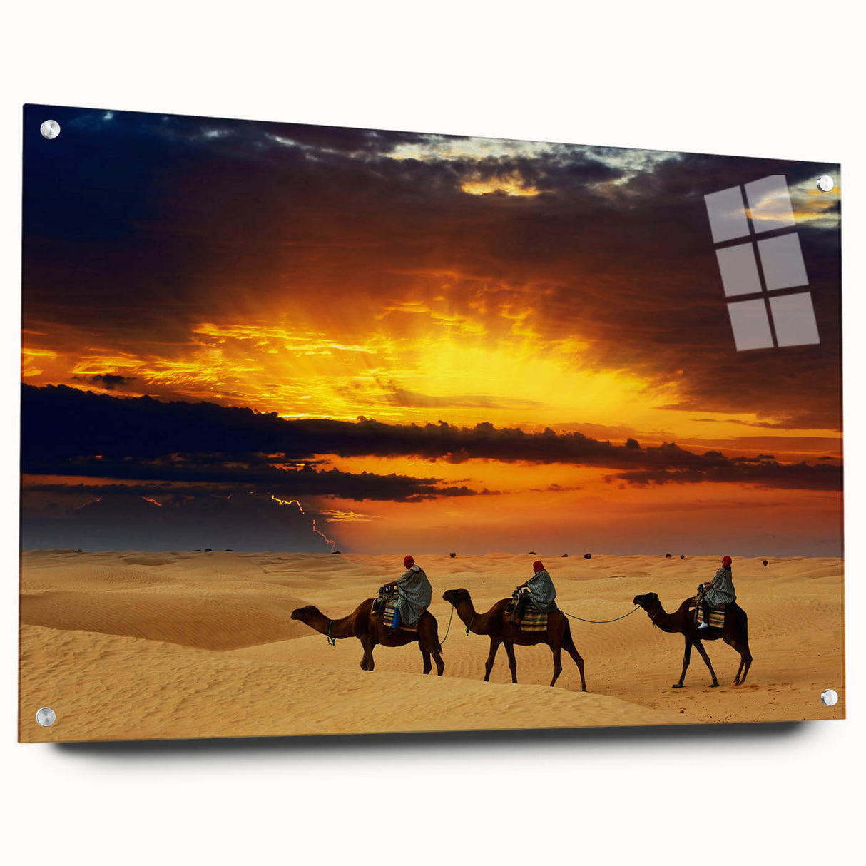 Acrylic glass print of a Moroccan landscape in earthy tones, suitable for bedroom or dining room decor.