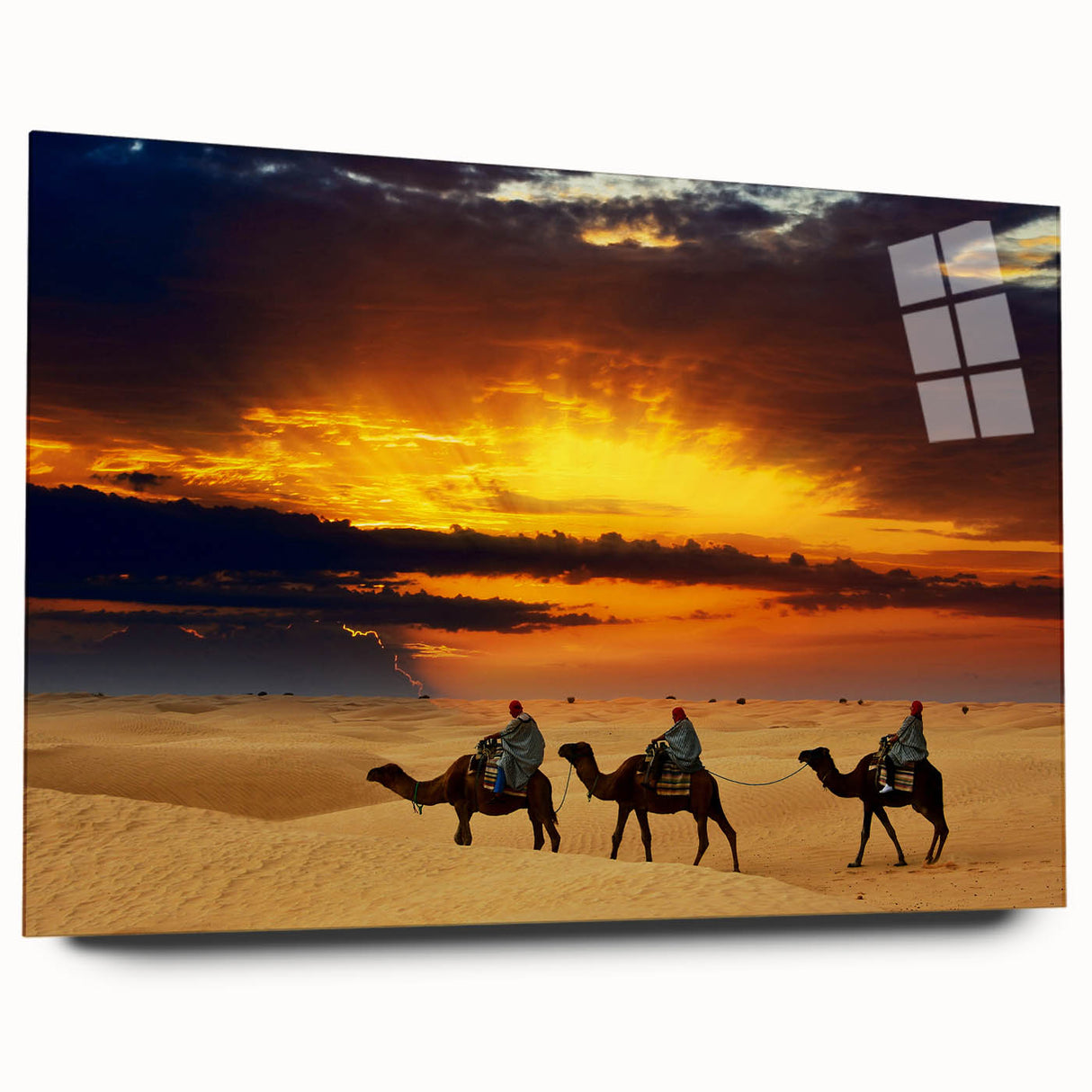 Large abstract wall art depicting a Moroccan landscape in muted earth tones on acrylic glass.