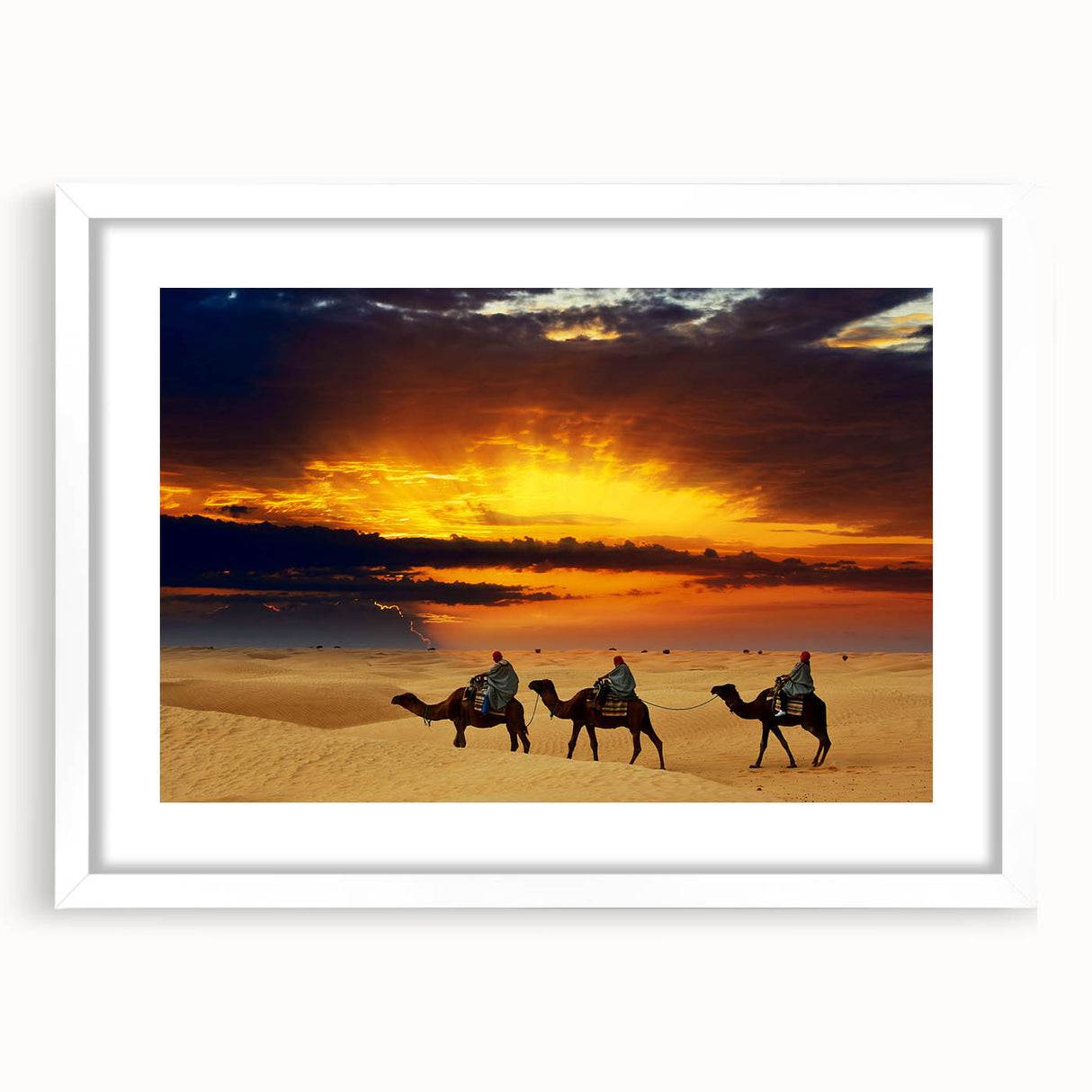Abstract art print of a Moroccan landscape in muted earth tones on a framed white mat, ideal for dining room decor.