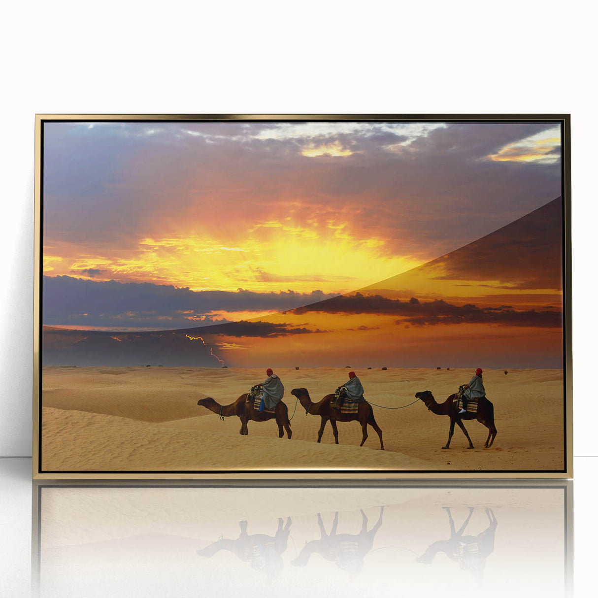 Large art print of a Moroccan landscape in muted gold tones on framed acrylic, suitable for modern art wall decor.